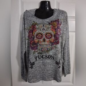Sweet Gisele Oversized Gray Blingy Skull Graphic Women's Sweater Top Sz M